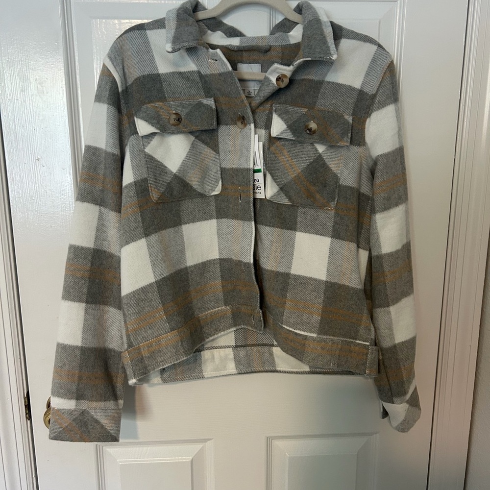 Kensie Plaid Utility Jacket in Gray and Brown